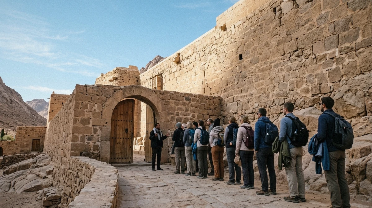 Visitors waiting at the arched gate of St Catherine's Monastery before opening on a St Catherine Monastery tour, South Sinai, Egypt