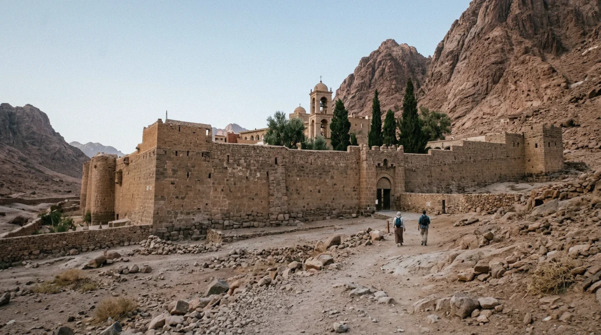 Granite fortress walls of St Catherine's Monastery in early light with Mount Sinai behind, seen on a St Catherine's Monastery tour in South Sinai, Egypt