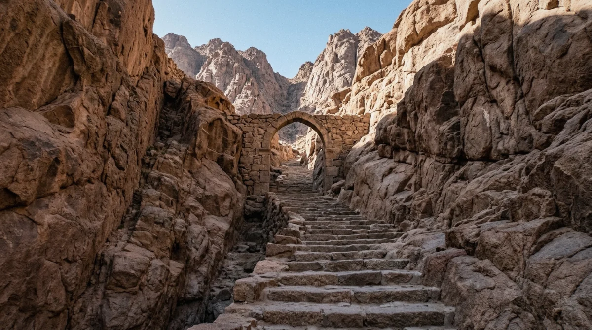 Stone arch over the Steps of Repentance in the ravine behind St Catherine's Monastery on the Mount Sinai climb, Egypt