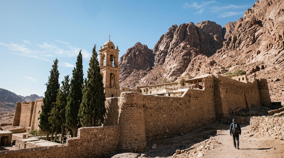 The bell tower and cypress trees inside the courtyard of St Catherine's Monastery in Egypt's Sinai desert