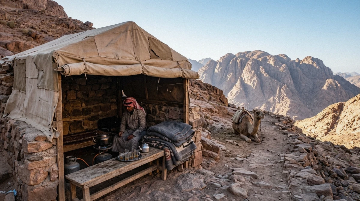 A tea and blanket hut along the Mount Sinai climb near St Catherine's Monastery in Egypt's Sinai desert, where extra costs like tips and blankets are paid in cash