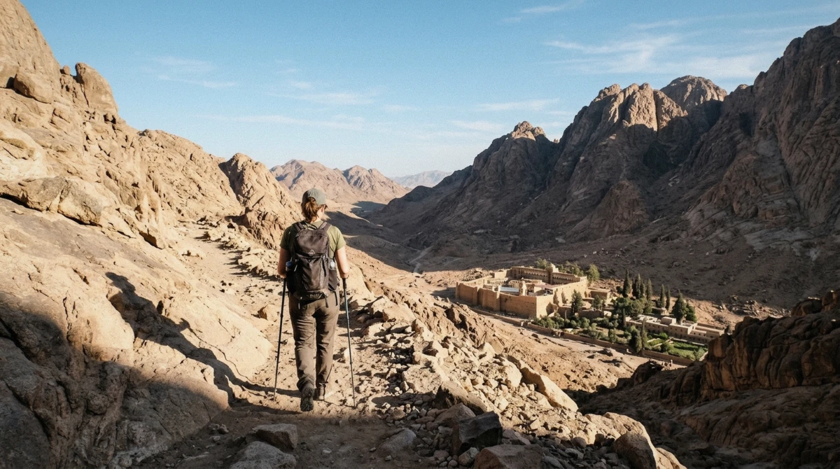 Hikers descending Mount Sinai in daylight near St Catherine's Monastery in Egypt's Sinai peninsula
