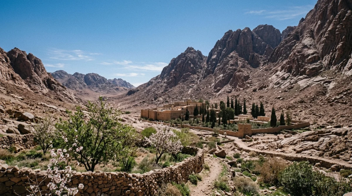 Spring valley near St Catherine's Monastery below Mount Sinai in the cool season, Sinai, Egypt