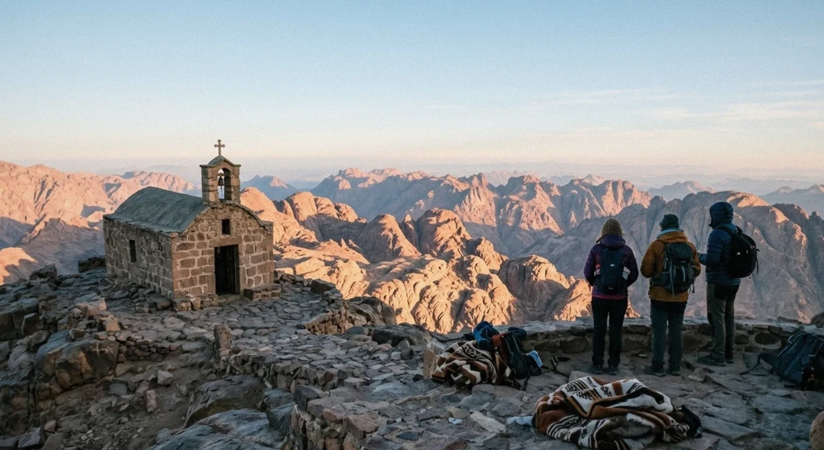 The chapel on the summit of Mount Sinai above St Catherine's Monastery at dawn, Sinai, Egypt