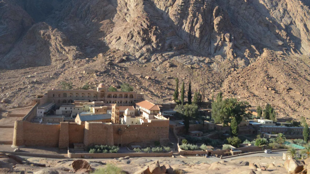 Bell tower and basilica inside St Catherine's Monastery on a private monastery tour from Sharm El Sheikh, Sinai, Egypt