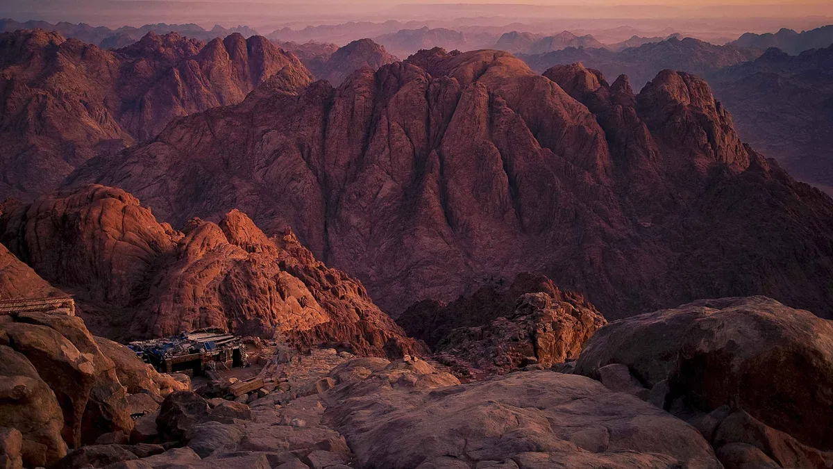 Camels waiting below the fortress walls of St Catherine's Monastery on an overnight tour from Cairo, Sinai, Egypt