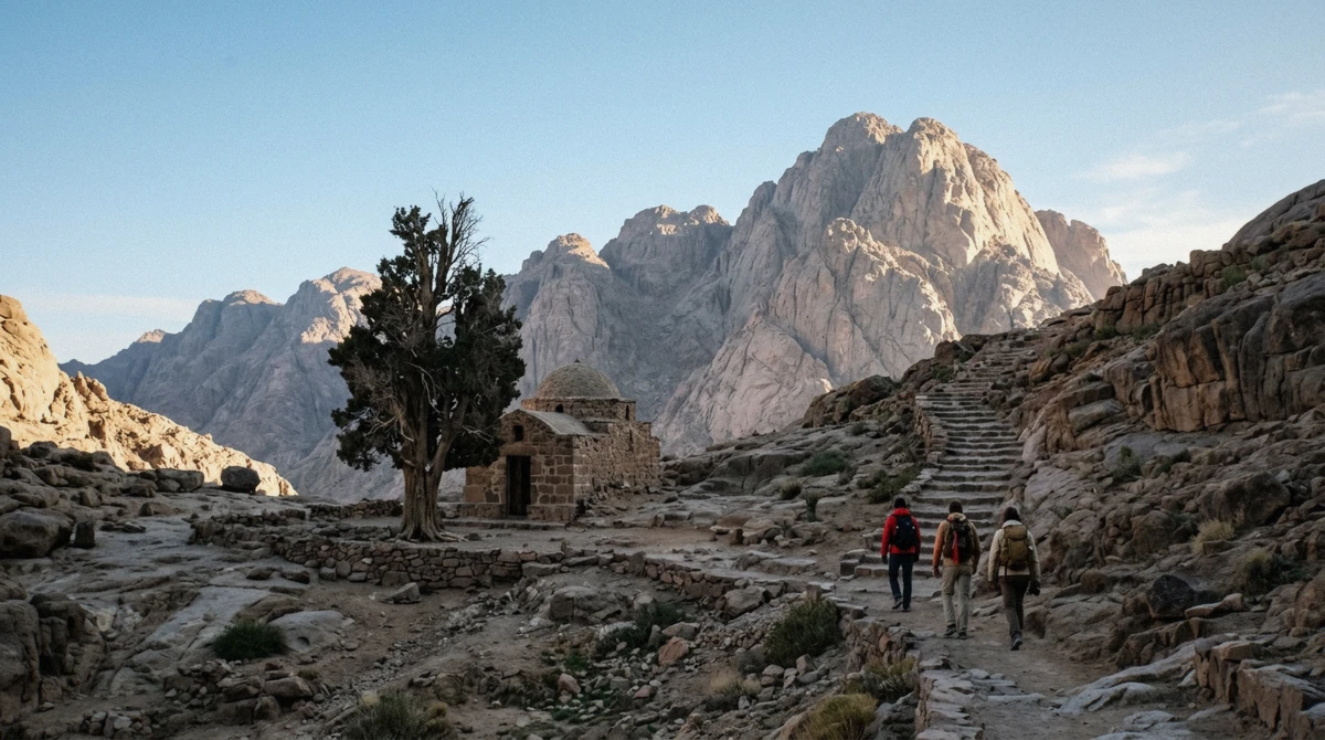 Hikers starting the final steps at Elijah's Basin below the Mount Sinai summit on the Sun Pyramids St Catherine's Monastery tour, Egypt