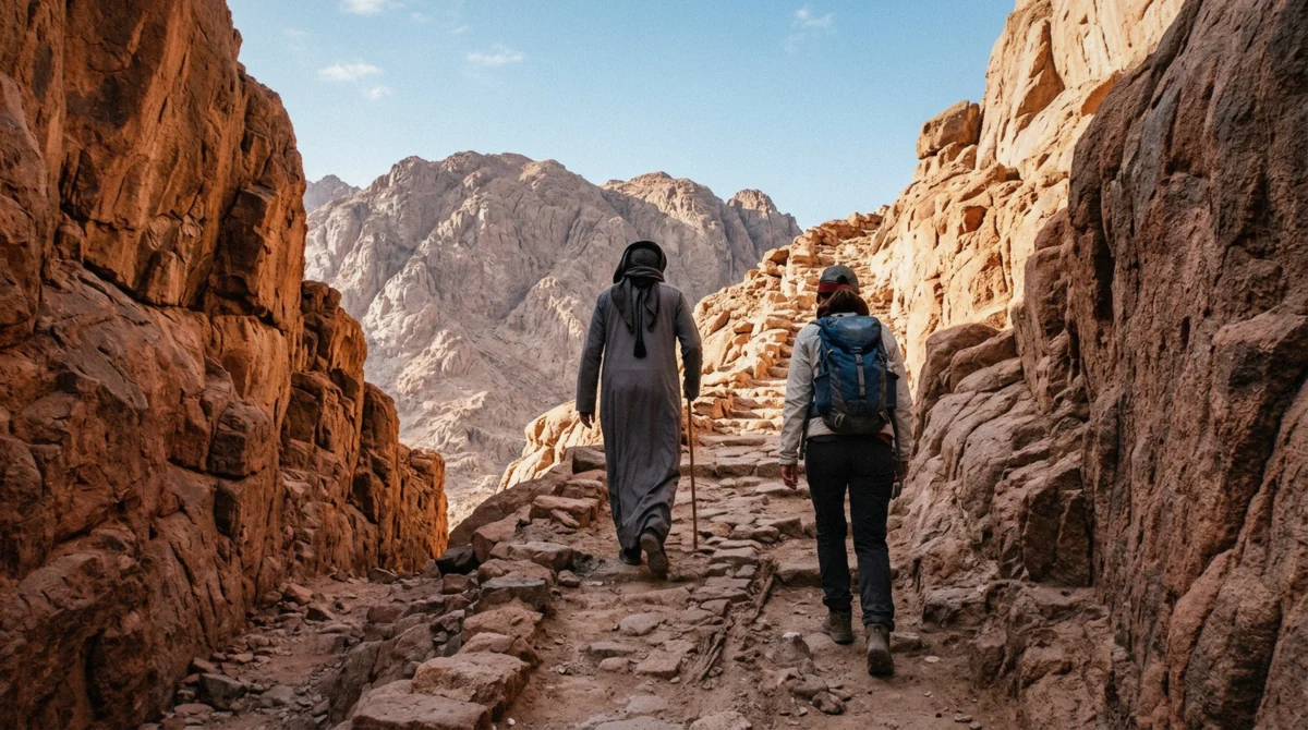Jebeliya Bedouin guide leading one hiker up the camel path on a private Mount Sinai sunrise hike and St Catherine tour, Egypt