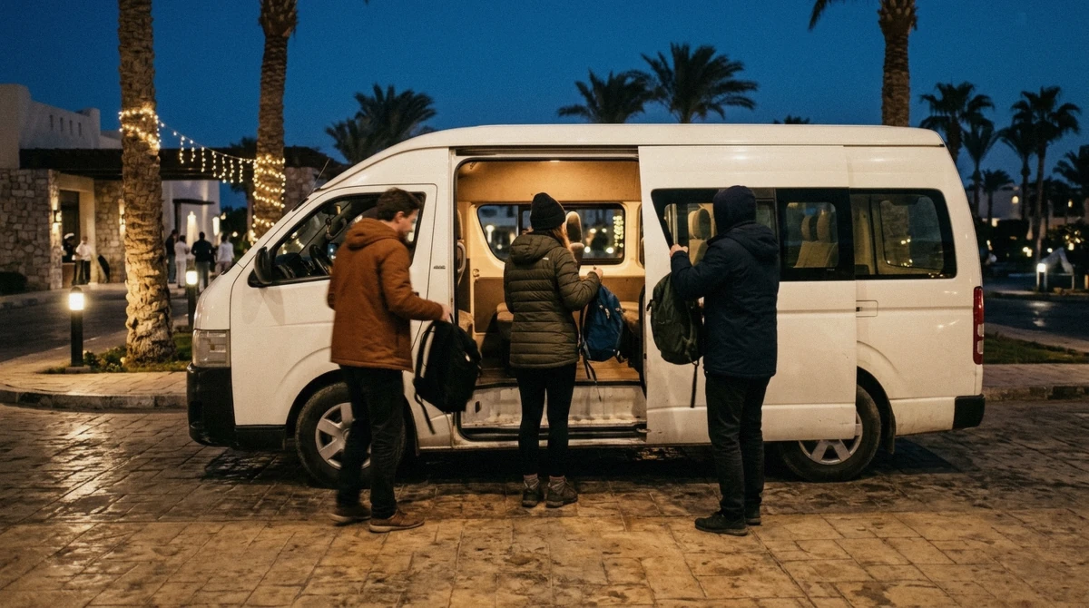 Minibus loading outside a Sharm El Sheikh hotel at the evening pickup for a Mount Moses trekking and St Catherine's Monastery tour, Egypt