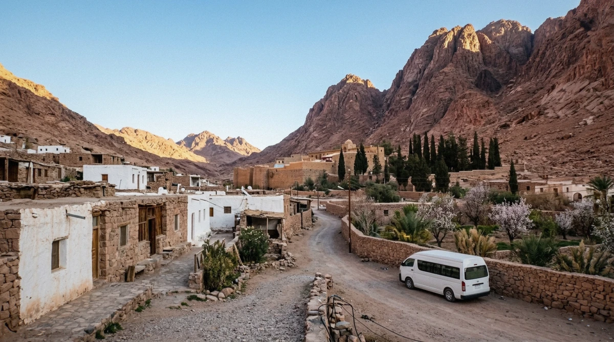 Lodges of Saint Catherine village below the monastery and Mount Sinai on a St Catherine Monastery tour, Sinai, Egypt